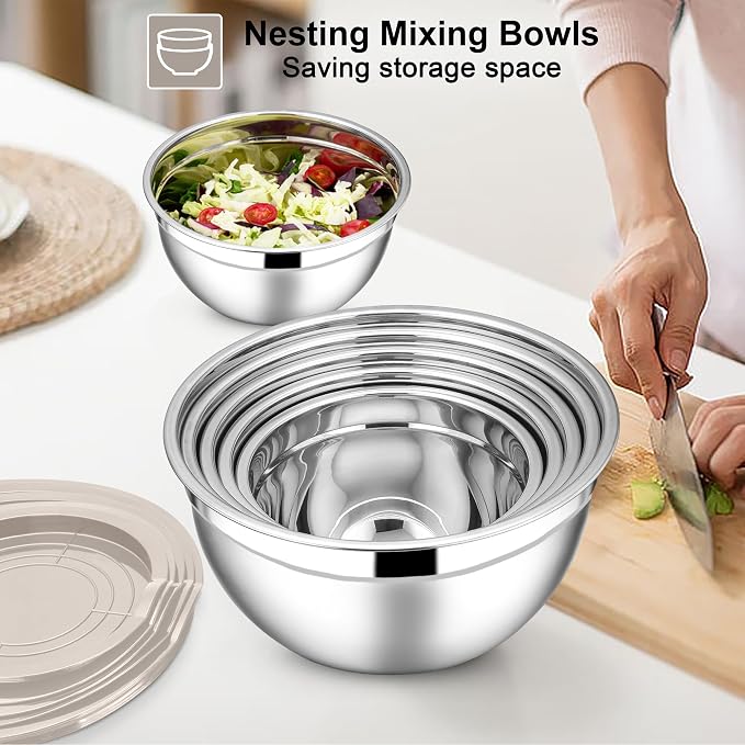 E-far Mixing Bowls with Lids Set, Size 7, Nesting Design & Khaki Airtight Lid - Image 4