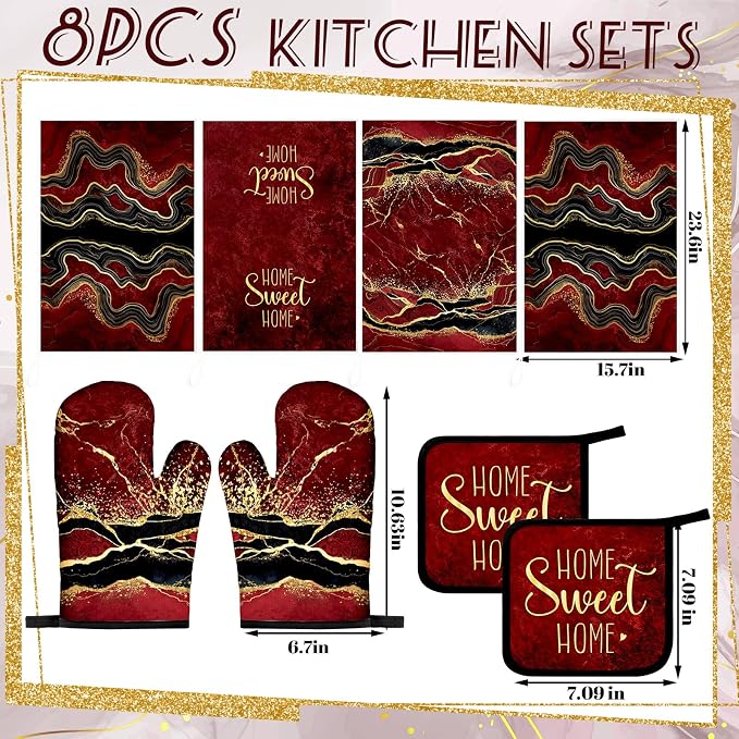 Leinuosen 8 Pcs Burgundy Marble Kitchen Towels and Dishcloths Sets Oven Mitts - Image 3