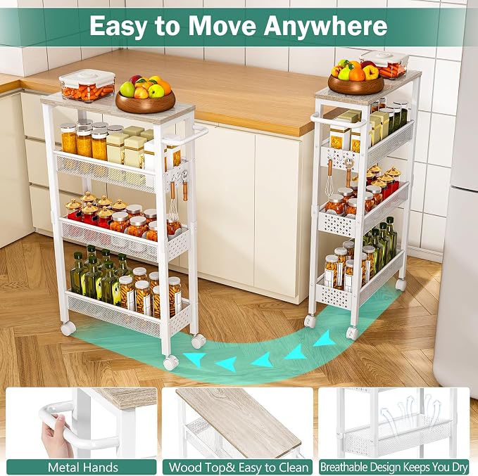 Vivihomety Utility Slim Storage Cart, 4 Tier Small Rolling Kitchen Laundry Room - Image 5