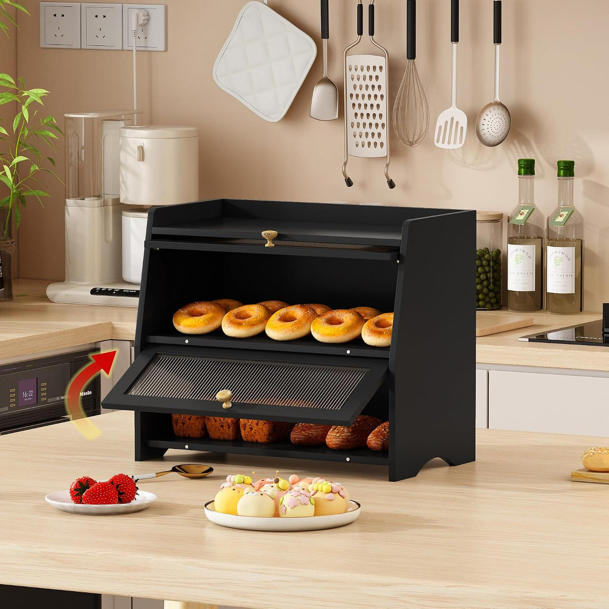 Bread Box for Kitchen Countertop, Double Layer Pine Wood Breadbox
