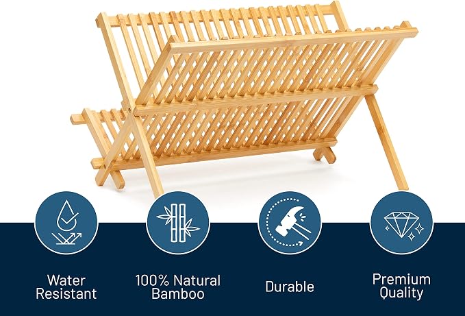 RoyalHouse Premium Natural Bamboo Dish Rack, Collapsible Dish Drainer, Foldable - Image 2