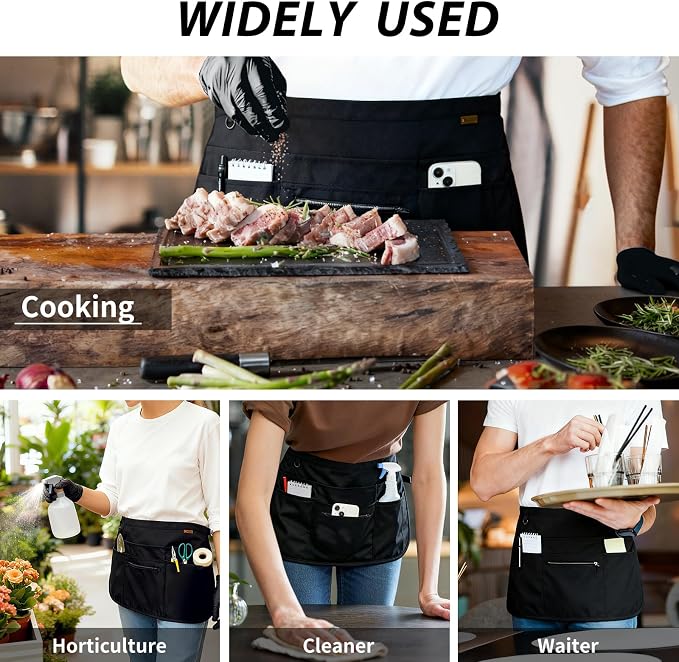 BOHARERS Black Waitress Apron 7 Pockets Server Apron - Image 4