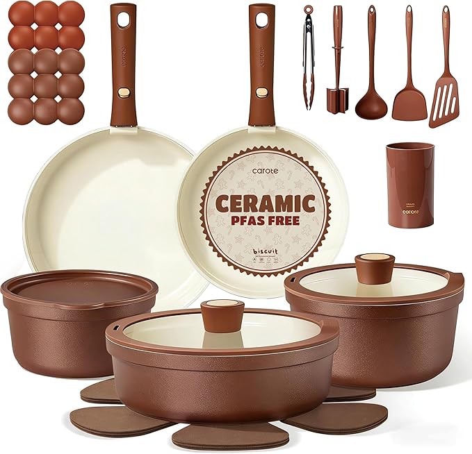 CAROTE 22Pcs Ceramic Cookware Set, Pots and Pans Set Non Stick Removable Handles by CAROTE