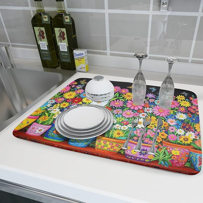 Vintage Flowers Dish Drying Mats Spring Floral Drying Matt Kitchen Counter 18x24 - Image 6
