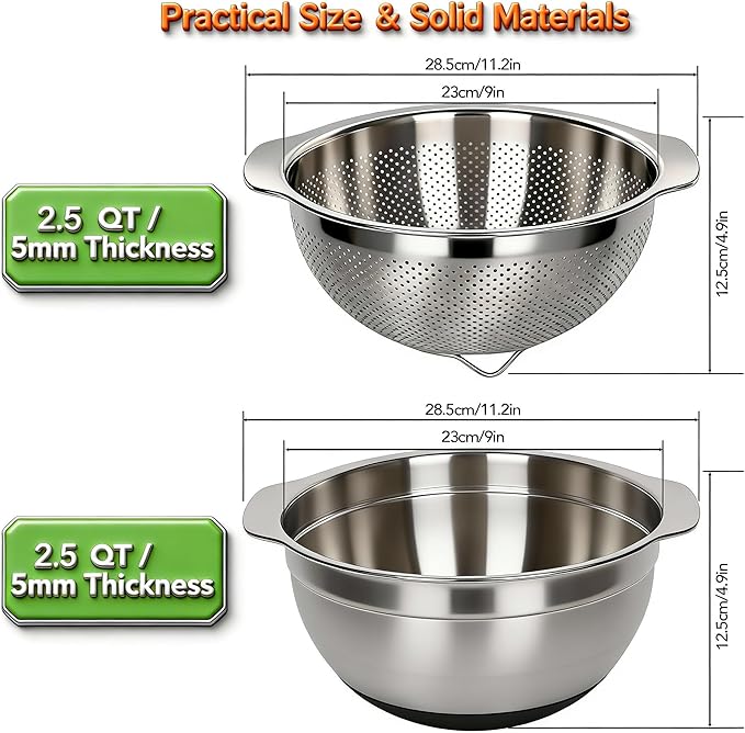 304 Stainless Steel Colander, 2.5 QT Capacity and 2.5 QT Mixing Bowl, Micropore - Image 5