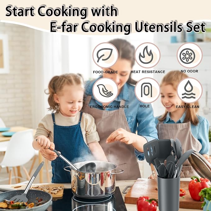 Silicone Cooking Utensils Set, E-far 14-Piece Gray Kitchen Utensils Set - Image 7