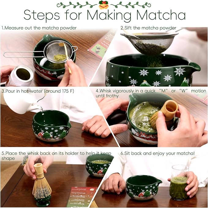 Christmas Matcha Whisk Set, Ceramic Matcha Set Includes Bowl & Holder, Bamboo - Image 6