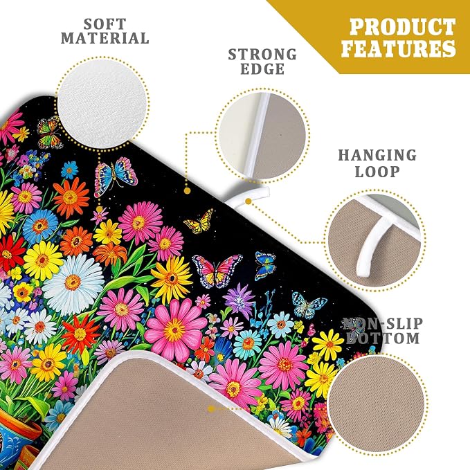 Colorful Floral Dish Drying Mat 16 X 18 Black Spring Flowers Absorbent - Image 4
