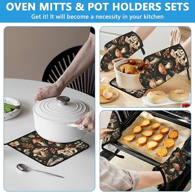 Watercolor Forest Mushroom Oven Mitts and Pot Holders Sets Heat Resistant 4Pcs - Image 6
