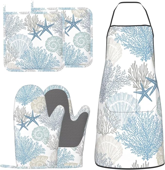 Nautical Coastal Oven Mitts Pot Holders Blue Cooking Apron Set of 5 Silicone by Unknown