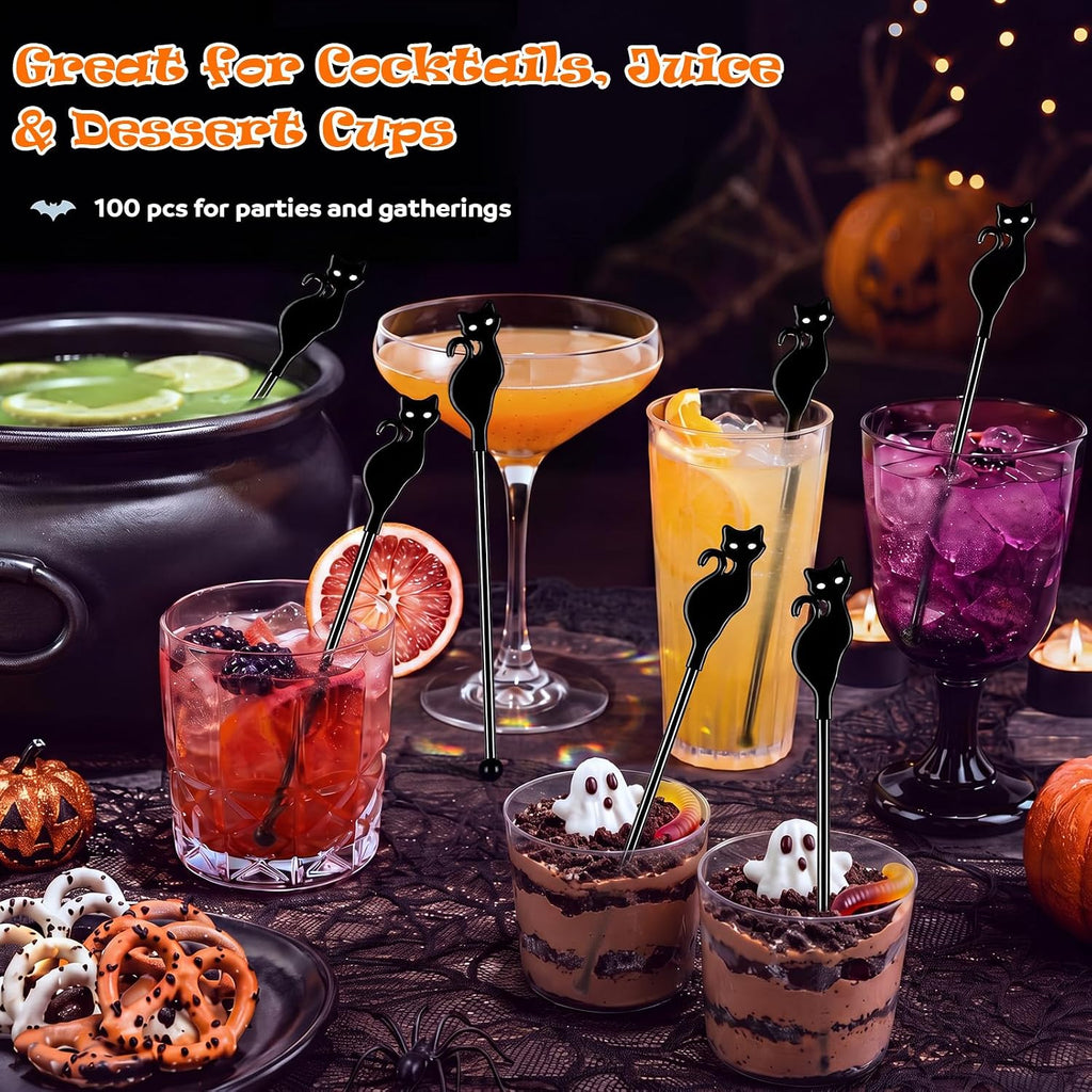 Silifine 100 Pcs Halloween Swizzle Sticks Plastic Black Cat Drink