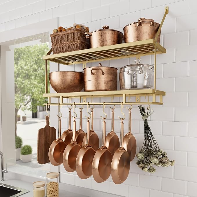 KES 30-Inch Gold Pot Rack Wall Mounted, 2-Tier Hanging Pot and Pan Organizer by KES