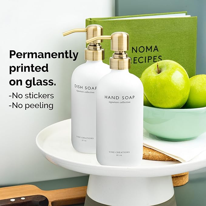 Vine Creations White Glass Soap Dispenser Set, Dish Soap and Hand Soap - Image 3