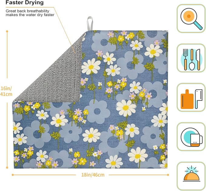 Daisy Flowers Dish Drying Mat for Kitchen Counter, Large Drying Kitchen Mat - Image 2