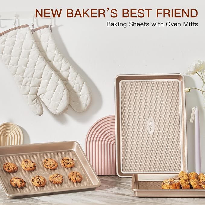 HONGBAKE 3 Pack Gold Nonstick Baking Sheet Pan Set - Image 5