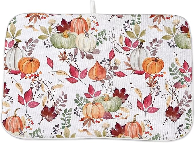 Fall Autumn Dish Drying Mat 18 x 24 inch Thanksgiving Pumpkin Maple Leaf Flower by AEIOAE