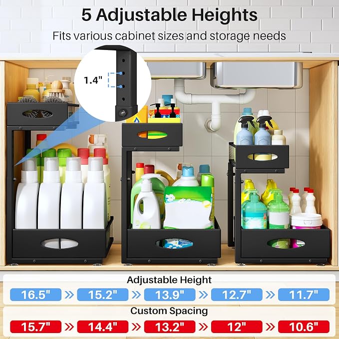 Under Sink Organizer, 2 Pack 2 Tier Pull Out Under Cabinet Organizer Shelf - Image 6