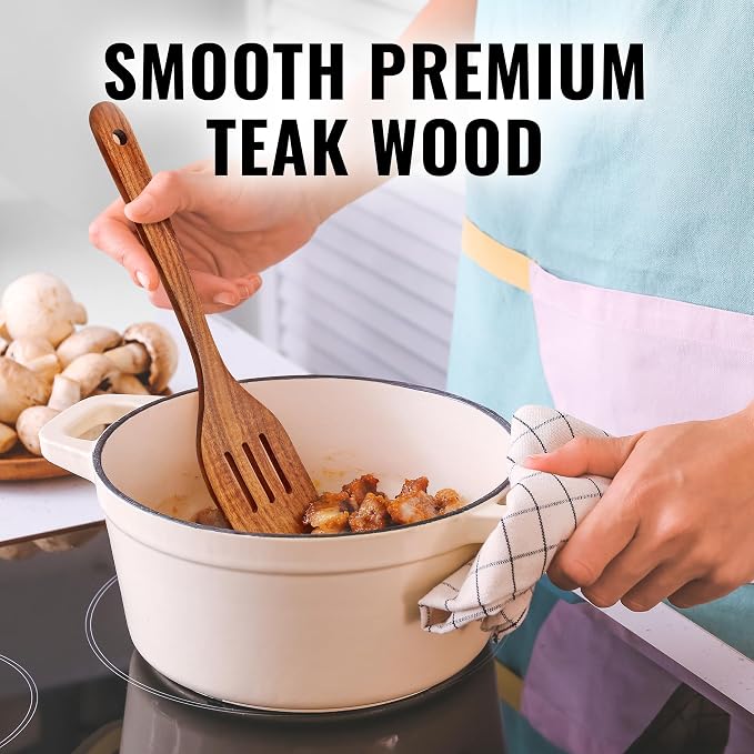 Zulay Kitchen Teak Wood Slotted Spatula – Durable & Heat-Resistant Cooking - Image 2