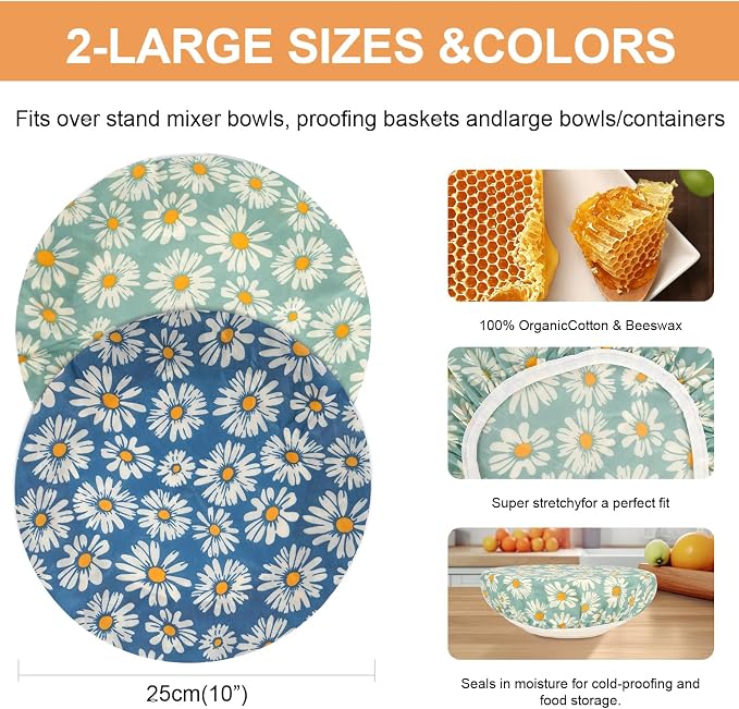 Reusable Bowl Covers for Bread Proofing（2 Large）- Cotton Beeswax Bowl Covers - Image 2