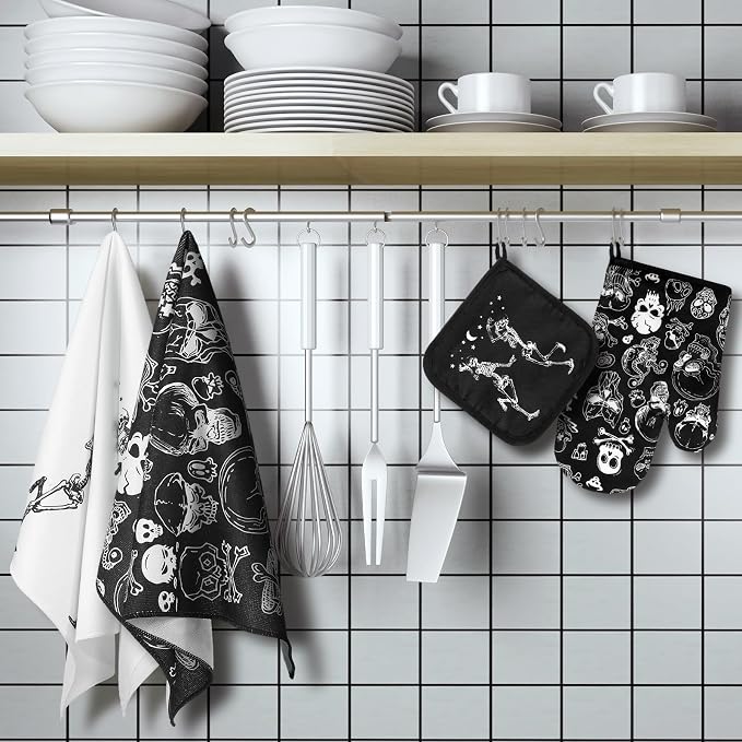 Leinuosen 6 Pcs Skull Kitchen Decor Set Kitchen Towels Gothic Oven Mitts and - Image 2