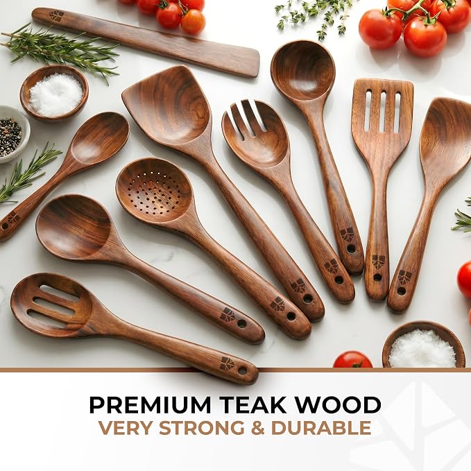 Wooden Spoons for Cooking – 10 Pcs Premium Teak Wooden Utensil Set - Image 2