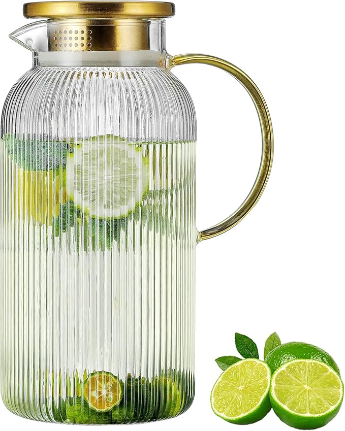 Buaic Glass Pitcher with Lid, 68 oz/2 Liter Classic Vertical Stripes Water by Buaic