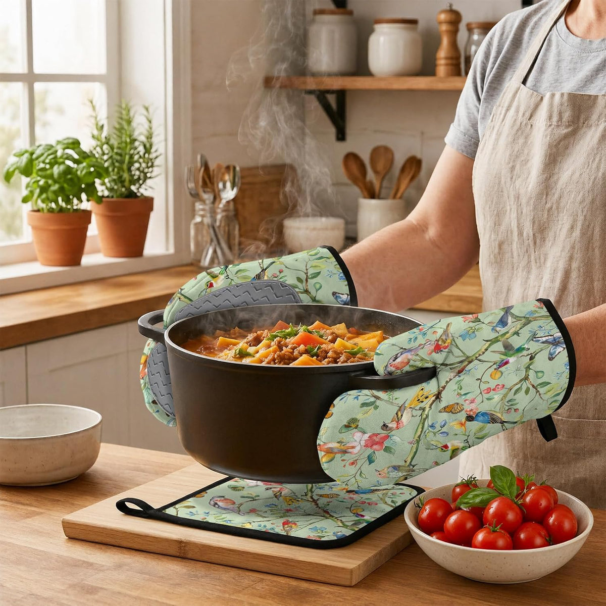 Bird Oven Mitts and Pot Holders Sets 3PCS, Floral Botanical Print