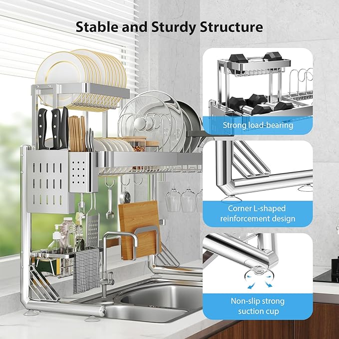 Over Sink Dish Drying Rack, Upgrade 2.5-Tier 304 Stainless Steel Dish Rack - Image 3