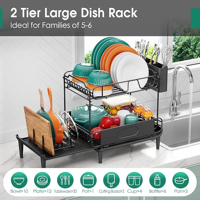 Urackify Dish Drying Rack for Kitchen Counter, Expandable 2 Tier Dish Rack - Image 4