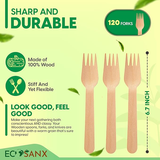 ECOSANX® 120 PCs Wooden forks for eating 6.5" Splinter Free Compostable Forks - Image 2