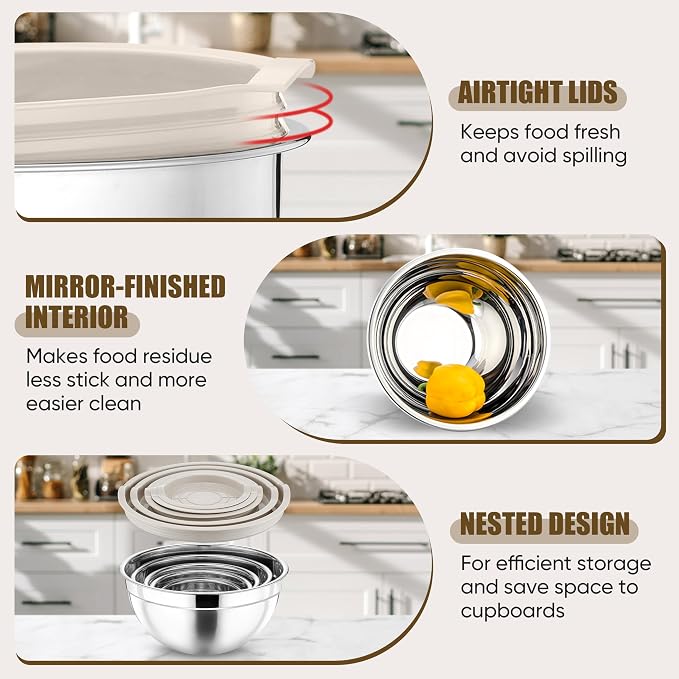 P&P CHEF Mixing Bowls with Airtight Lids Set of 5, 10-Piece Stainless Steel - Image 3