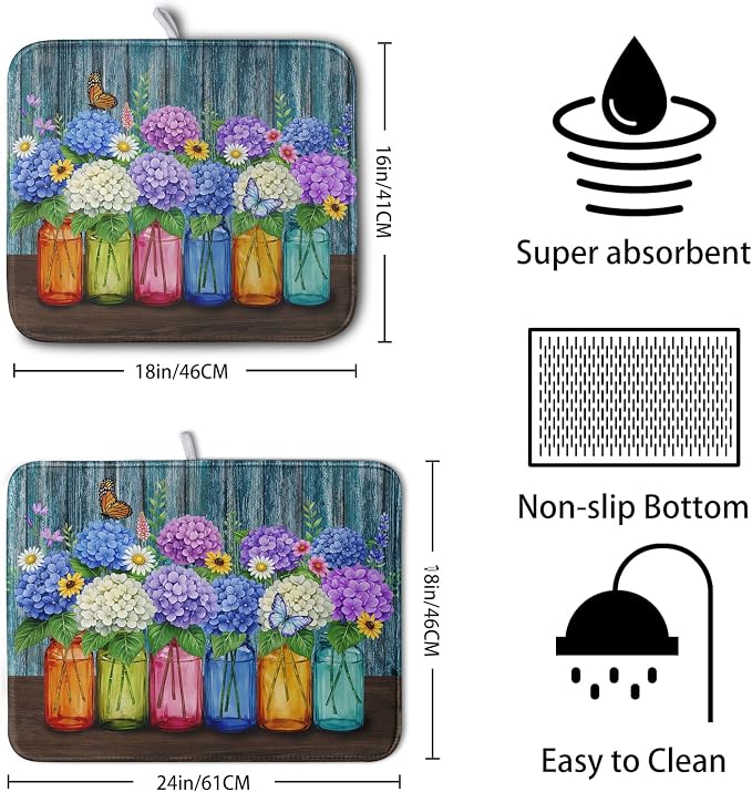 Hydrangea Dish Drying Mat Spring Summer Floral Jars Kitchen Drying Mats - Image 2
