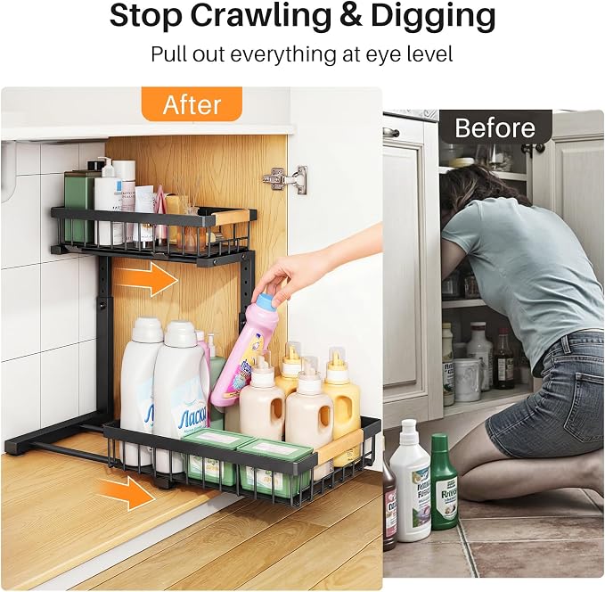 PXRACK Under Sink Organizer, Adjustable Height, 2 Tier Pull Out Under Cabinet - Image 4