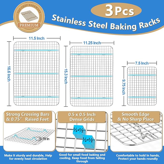 P&P CHEF 17.5 + 16 + 10.4 Inch Baking Sheet and Rack Set, Stainless Steel - Image 3