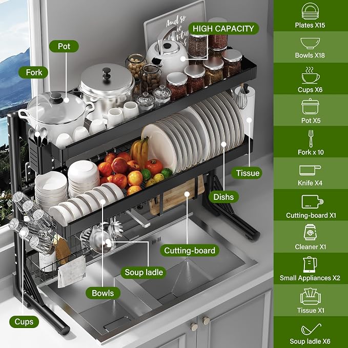 Over Sink Dish Drying Rack, 3-Tier Full Stainless Steel Drainer Dish Rack - Image 2