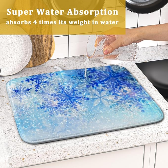 Giwawa 16"x18" Winter Blue Snowflakes Dish Drying Mat Christmas Snow Falling - Image 7