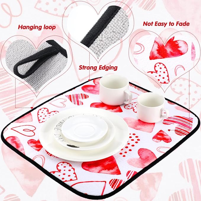 Breling Valentine's Day Dish Drying Mat Valentine Kitchen Dry Mat Absorbent - Image 3