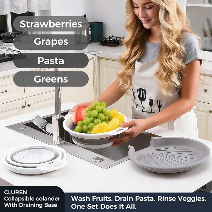 Collapsible Colander Set with Oversized Draining Tray | 3-Pack Foldable Kitchen - Image 4