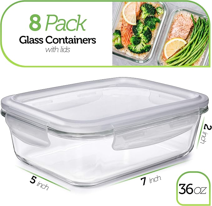 PrepNaturals 8 Pack 36 Oz Glass Meal Prep Containers - Image 2