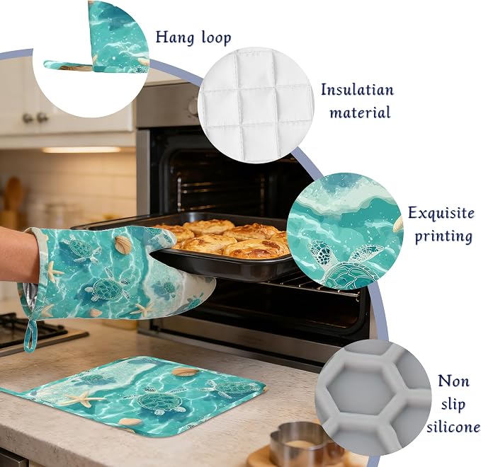 Beach Starfish Sea Turtle Oven Mitts and Pot Holders Sets of 4 Coastal Shell - Image 4