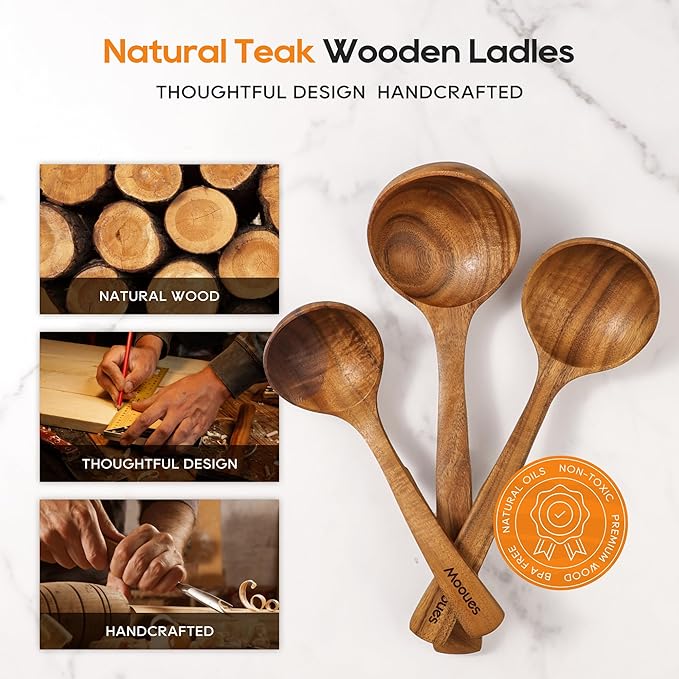 Wooden Ladle for Soup, 3 Size Teak Wood Ladle Spoon - Image 4