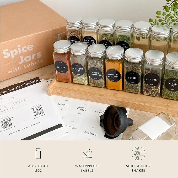 Glass Spice Jars with Labels with Metal Lids and Shakers Minimalist 36 Pack Set - Image 4