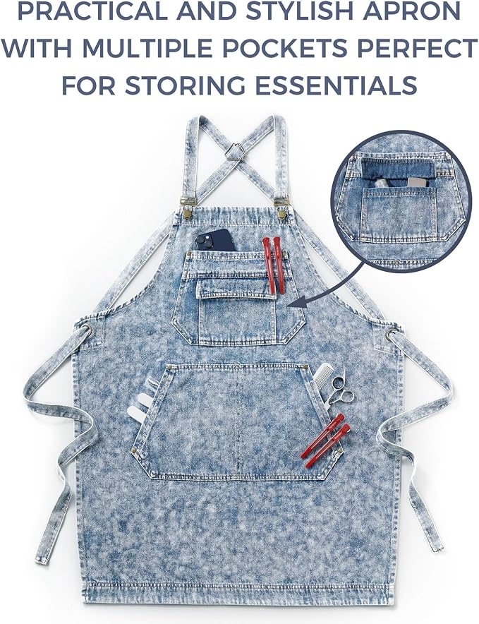 Denim Apron with Pockets for Hair Stylist Gardening Craftsmen Barista Women - Image 8