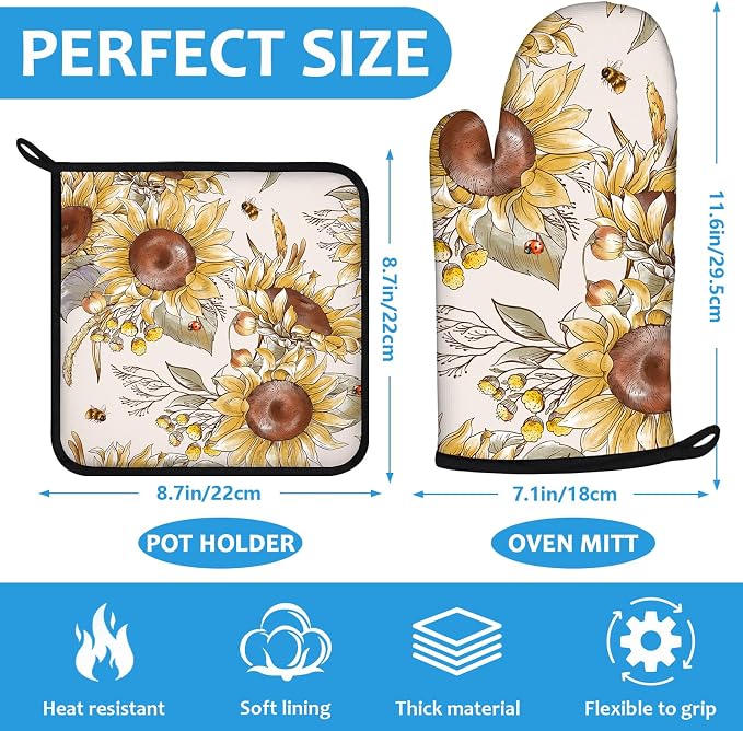 Watercolor Sunflower Oven Mitts and Pot Holders Sets Heat Resistant 4Pcs - Image 2