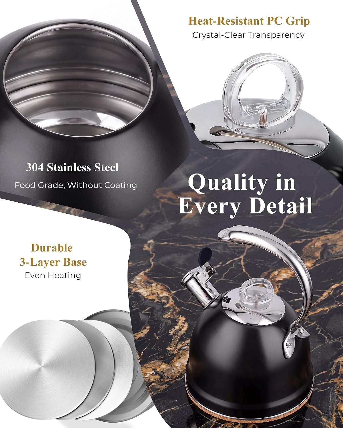 Harriet Whistling Tea Kettle for Stove Top, 2.5 QT Food-Grade Steel