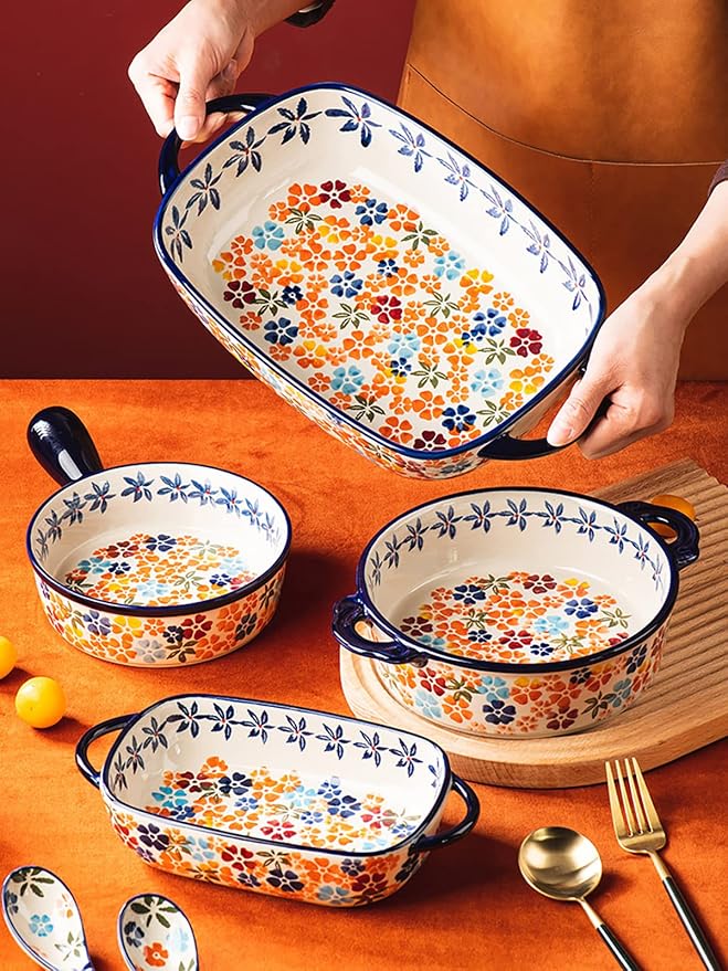 Colorful Cherry Blossom Flowers Vintage Style Ceramic Bakeware Dish Casserole - Image 3