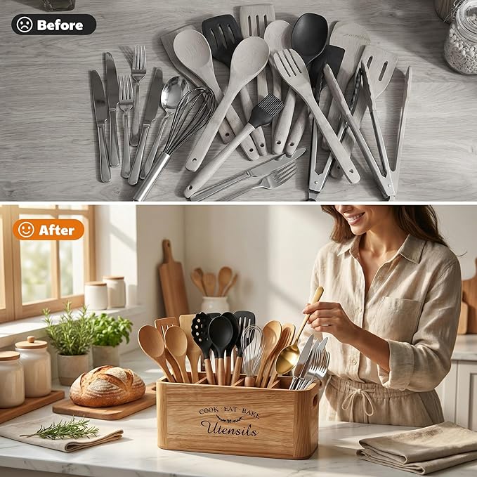 Acacia Wood Utensil Holder for Kitchen Countertop, Extra Large Wooden Utensil - Image 6
