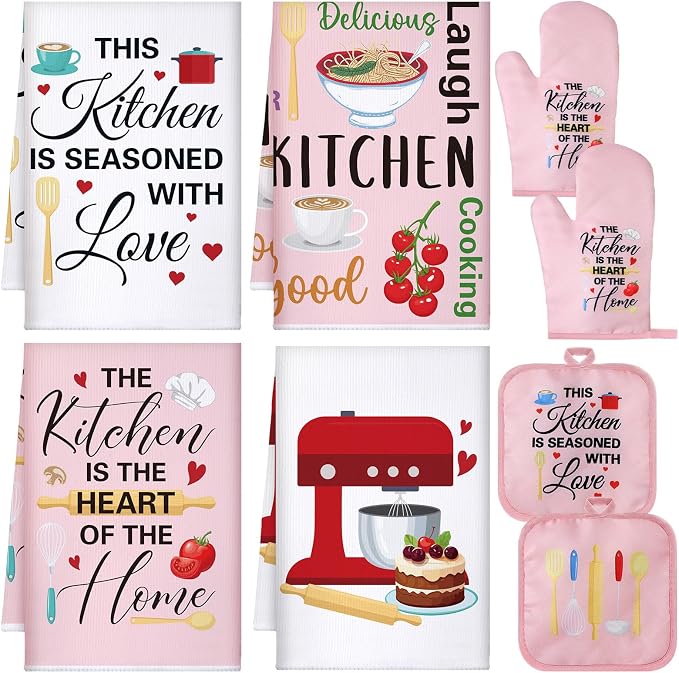Leinuosen 8 Pcs Kitchen Towels and Oven Mitts Sets Pot Holders Dishcloths Set by Leinuosen