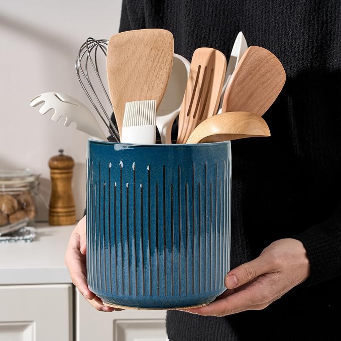 JIEMEI HOME Kitchen Utensil Holder, 7.2" Large Ceramic Stable Utensil Crock - Image 6