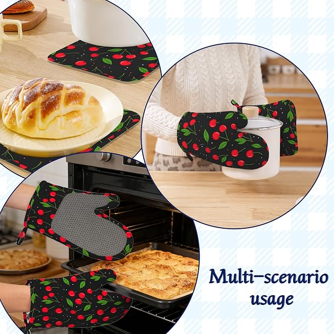 Oven Mitts and Pot Holders Sets Red Black Cherry Silicone Kitchen Mits - Image 6